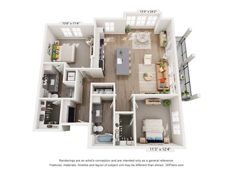 A 3D floor plan of a house with a living room, kitchen, and bathroom.